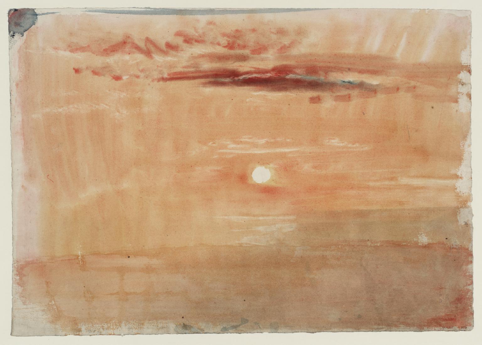 Pintura de J. M. W. Turner mostra o sol surgindo sobre a água em uma paisagem enevoada.