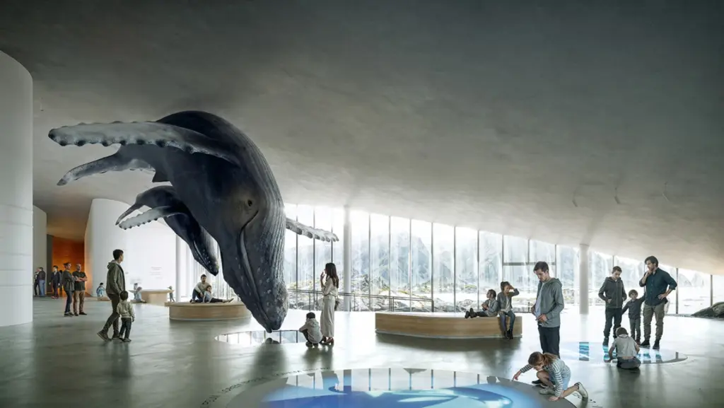 Escultura de baleia em tamanho real suspensa no interior do The Whale