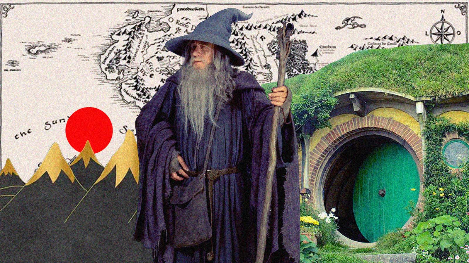 Colagem reúne Gandalf, o mapa da Terra-Média, montanhas e uma casa de hobbit.