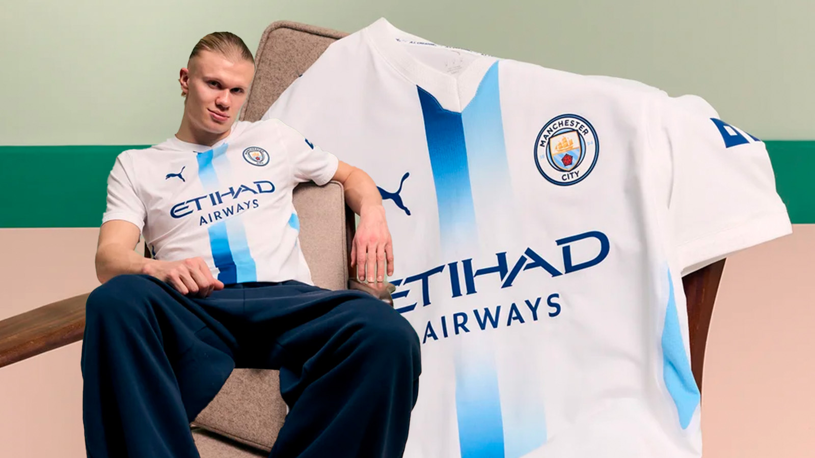Erling Haaland veste o uniforme do Manchester City criado por torcedores com inteligência artificial