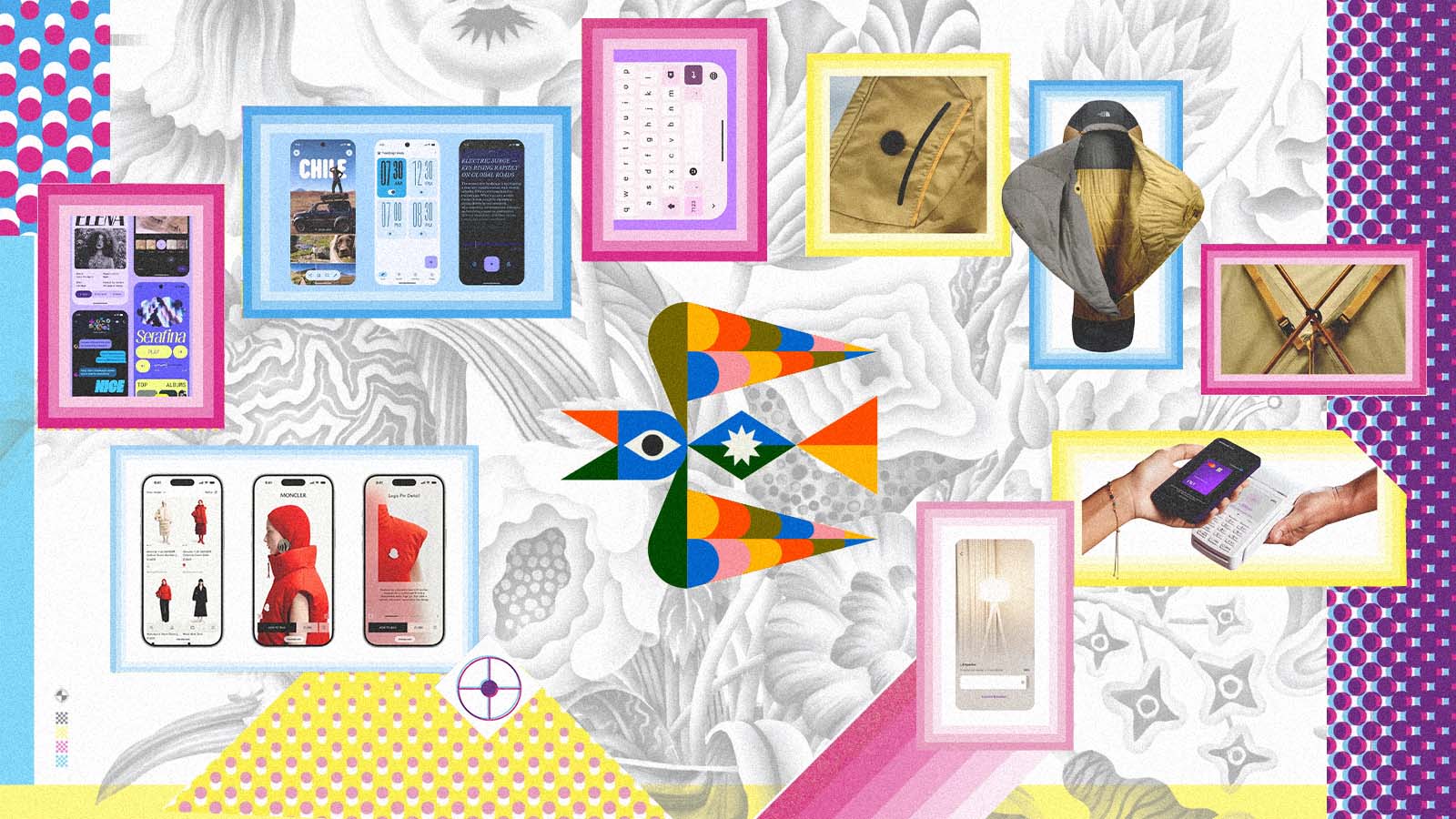 Colagem colorida com diferentes projetos vencedores do Innovation by Design 2026, incluindo interfaces digitais, produtos, roupas e identidades visuais.