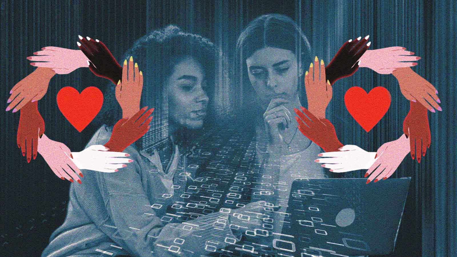 Ilustração sobre violência digital contra mulheres e redes de proteção online