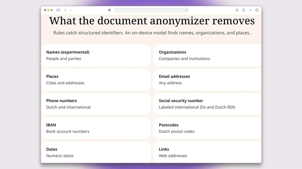 Tela da Weeve mostra os tipos de dados pessoais removidos pelo anonimizador de documentos