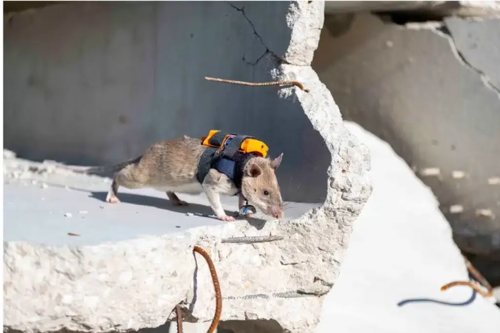 Rato equipado com mochila laranja atravessa uma estrutura de concreto durante treinamento.
