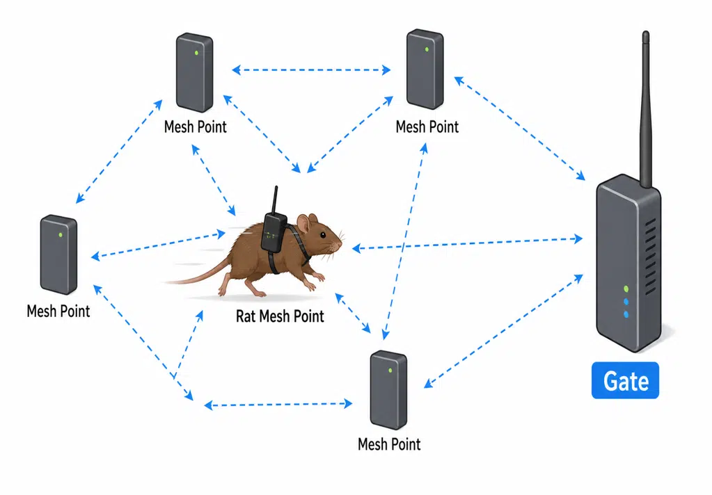Diagrama de uma rede de comunicação em malha, com dispositivos capazes de transmitir informações por diferentes pontos de conexão.