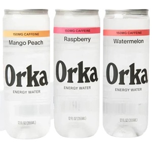 lata de &aacute;gua com cafe&iacute;na da marca Orca