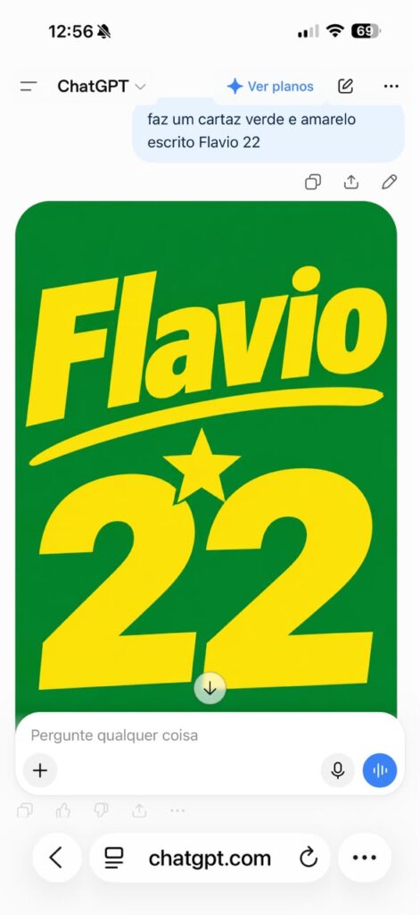 ChatGPT gera cartaz verde e amarelo com &ldquo;Fl&aacute;vio 22&rdquo;, uma estrela e um tra&ccedil;o abaixo do nome.