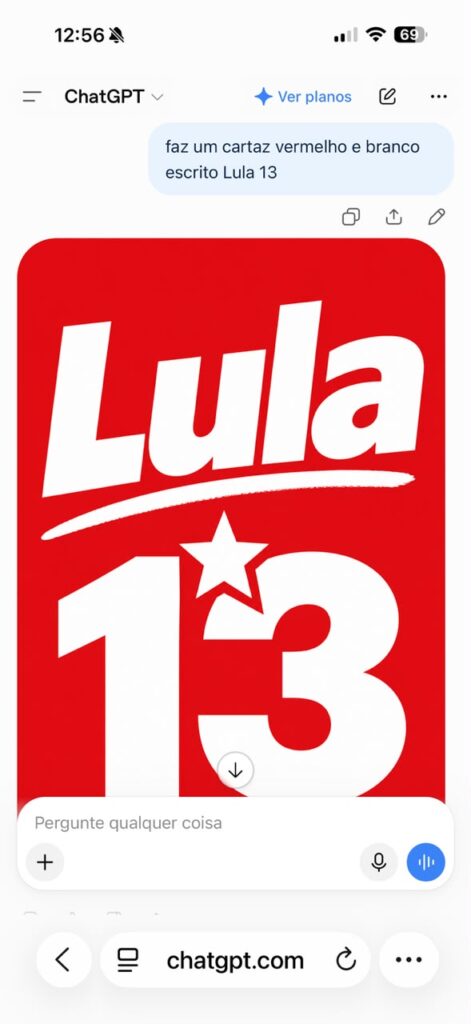 ChatGPT atende ao pedido de um cartaz vermelho e branco com &ldquo;Lula 13&rdquo; e acrescenta uma estrela branca.