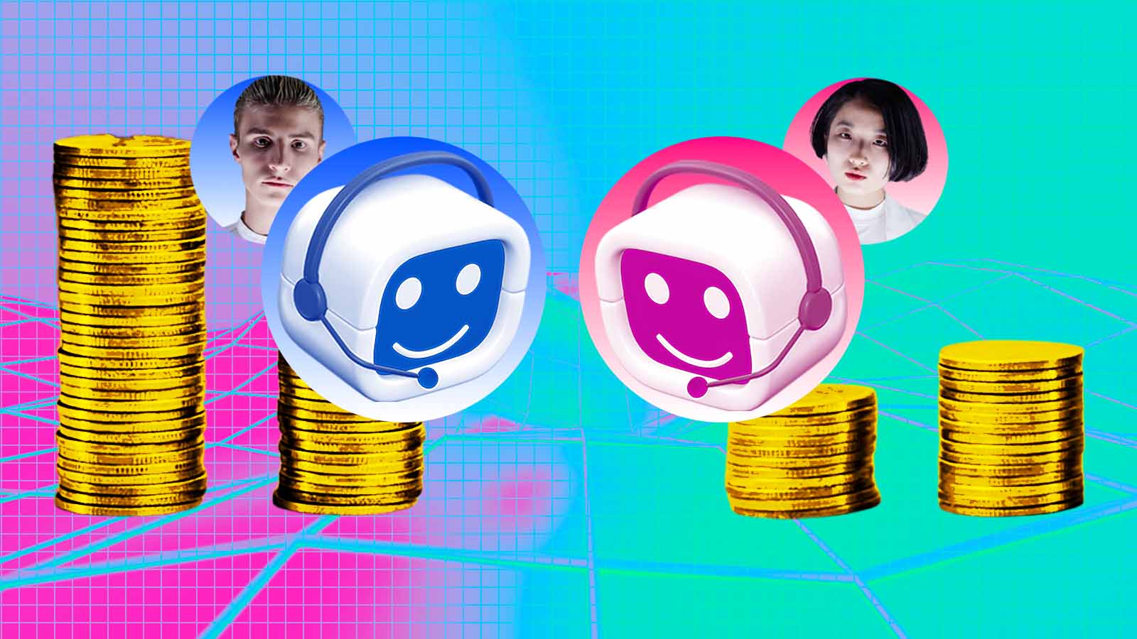 Montagem com dois assistentes virtuais, um azul e outro rosa, acompanhados de rostos humanos e pilhas de moedas douradas de alturas diferentes.