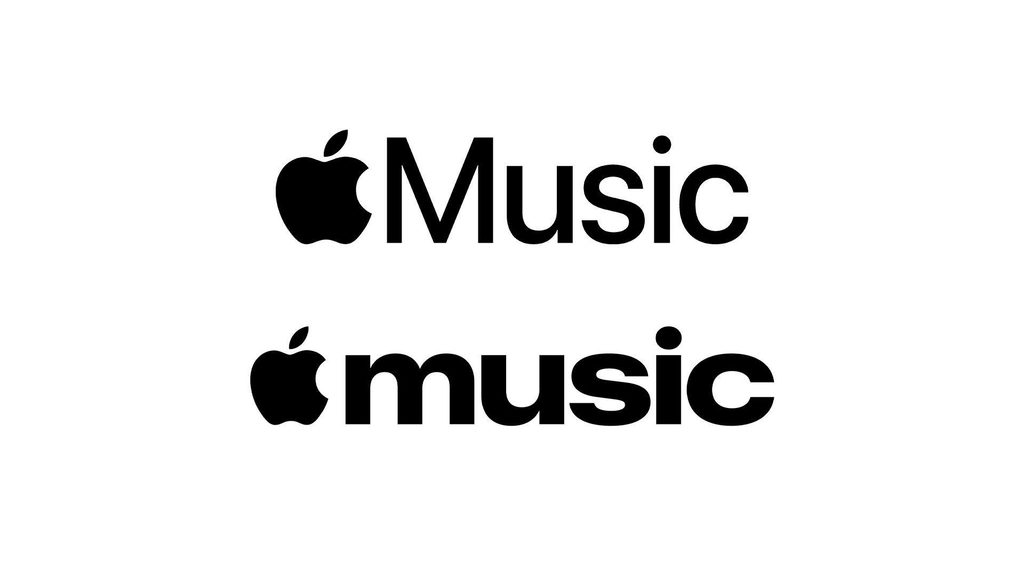 Comparação entre duas versões do logotipo Apple Music, com a nova identidade usando letras minúsculas e traços mais espessos.
