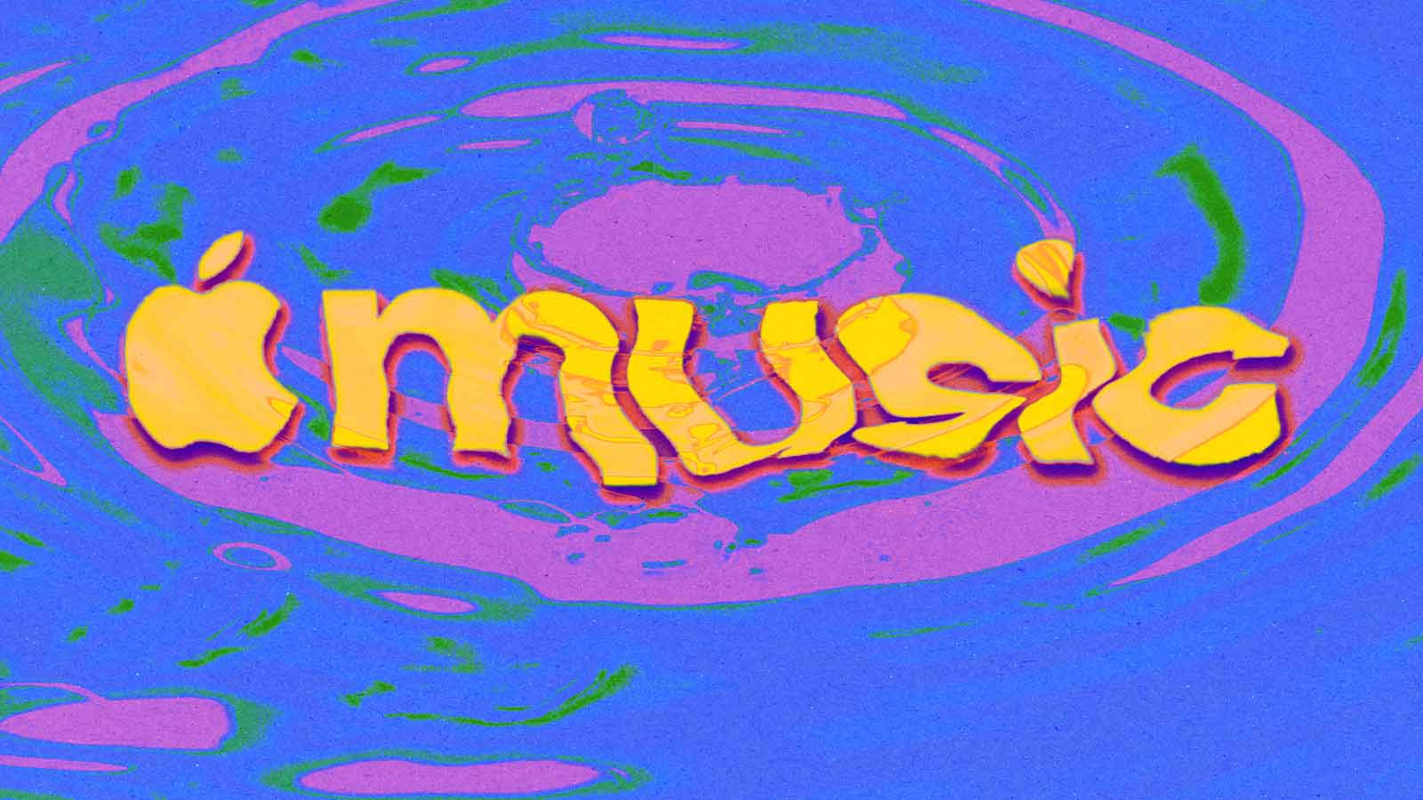 Logotipo do Apple Music em amarelo sobre fundo azul, rosa e verde com efeitos de ondulação que representam ondas sonoras.