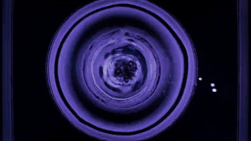 Anéis concêntricos violetas se espalham pela superfície de um líquido escuro.