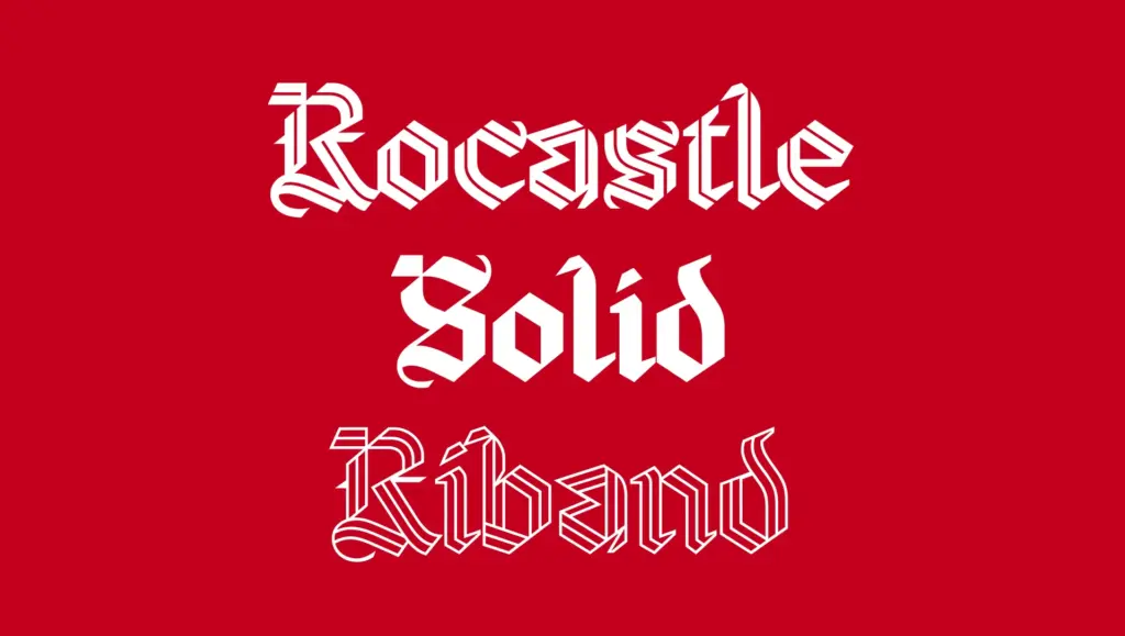 Fundo vermelho com as palavras Rocastle, Solid e Riband escritas em letras brancas de inspira&ccedil;&atilde;o g&oacute;tica.