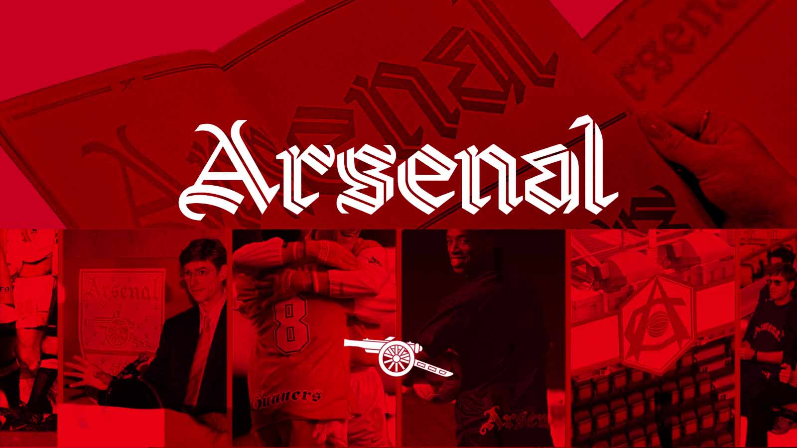 Nome Arsenal escrito em letras góticas brancas da nova fonte Rocastle, sobre montagem vermelha com imagens históricas do clube inglês. Copiar