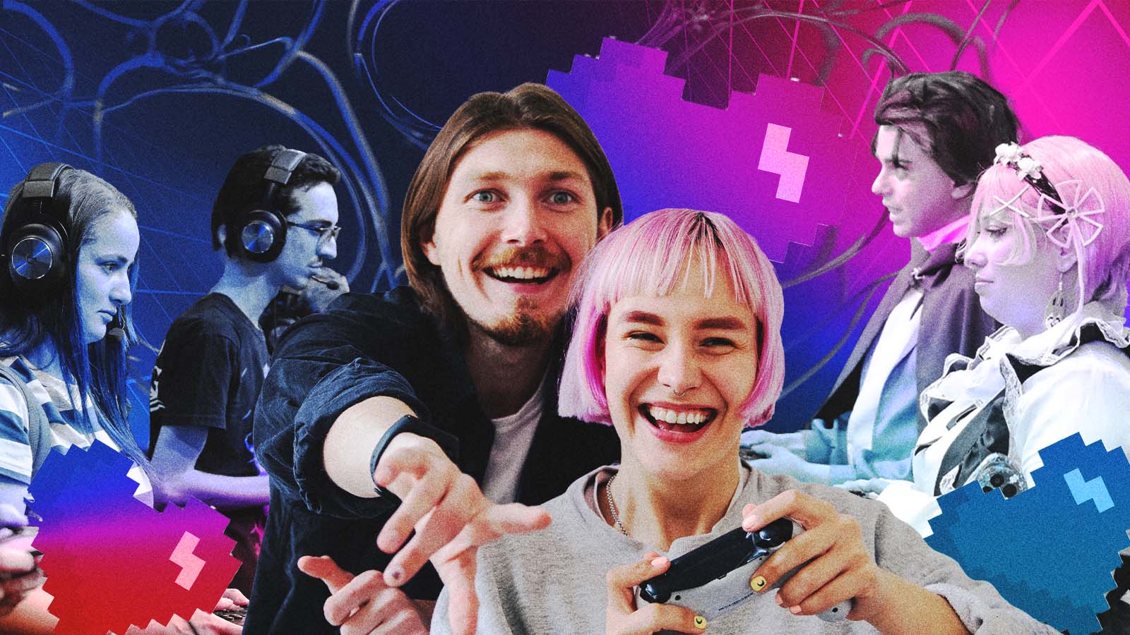 Montagem com pessoas jogando videogame, usando fones de ouvido e roupas de cosplay, sobre fundo azul e rosa com elementos gráficos inspirados em games.