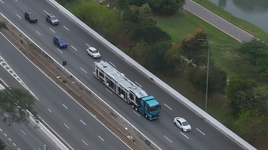 Vista a&eacute;rea de caminh&atilde;o azul a hidrog&ecirc;nio da GWM puxando uma carreta cegonheira em uma via expressa, ao lado de autom&oacute;veis.
