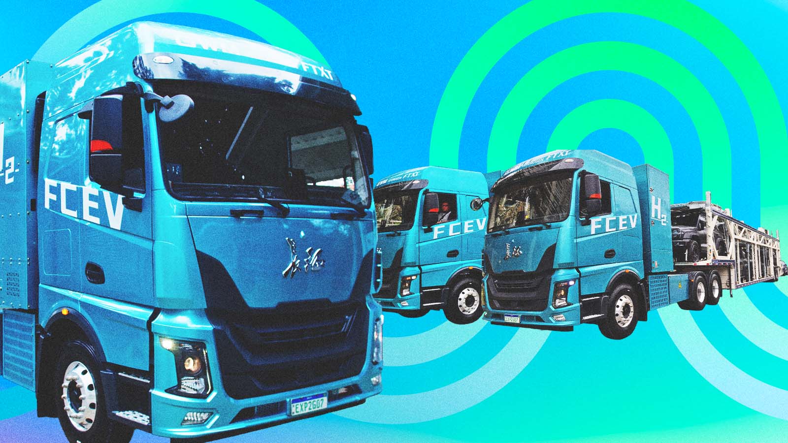 Montagem com três caminhões azuis movidos a hidrogênio da GWM sobre fundo azul e verde com círculos concêntricos.