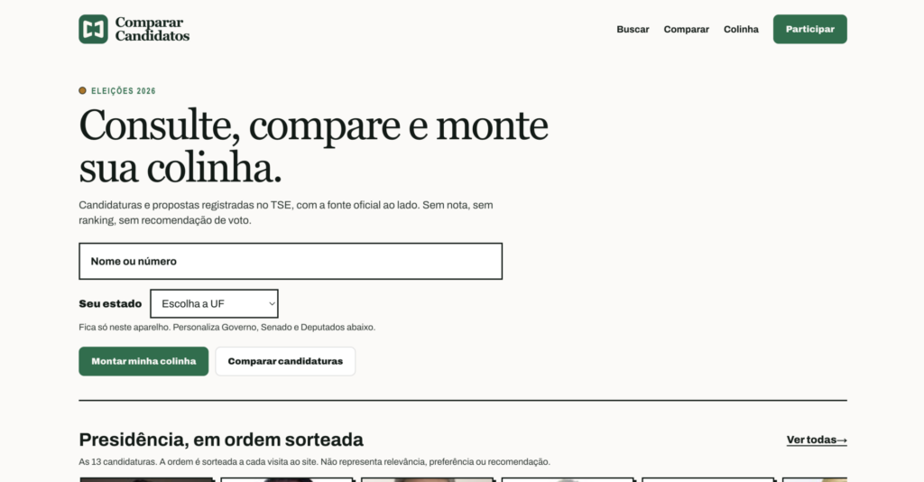 Página inicial do Comparar Candidatos mostra busca por nome ou número, seleção de estado e botões para comparar candidaturas e montar uma colinha.