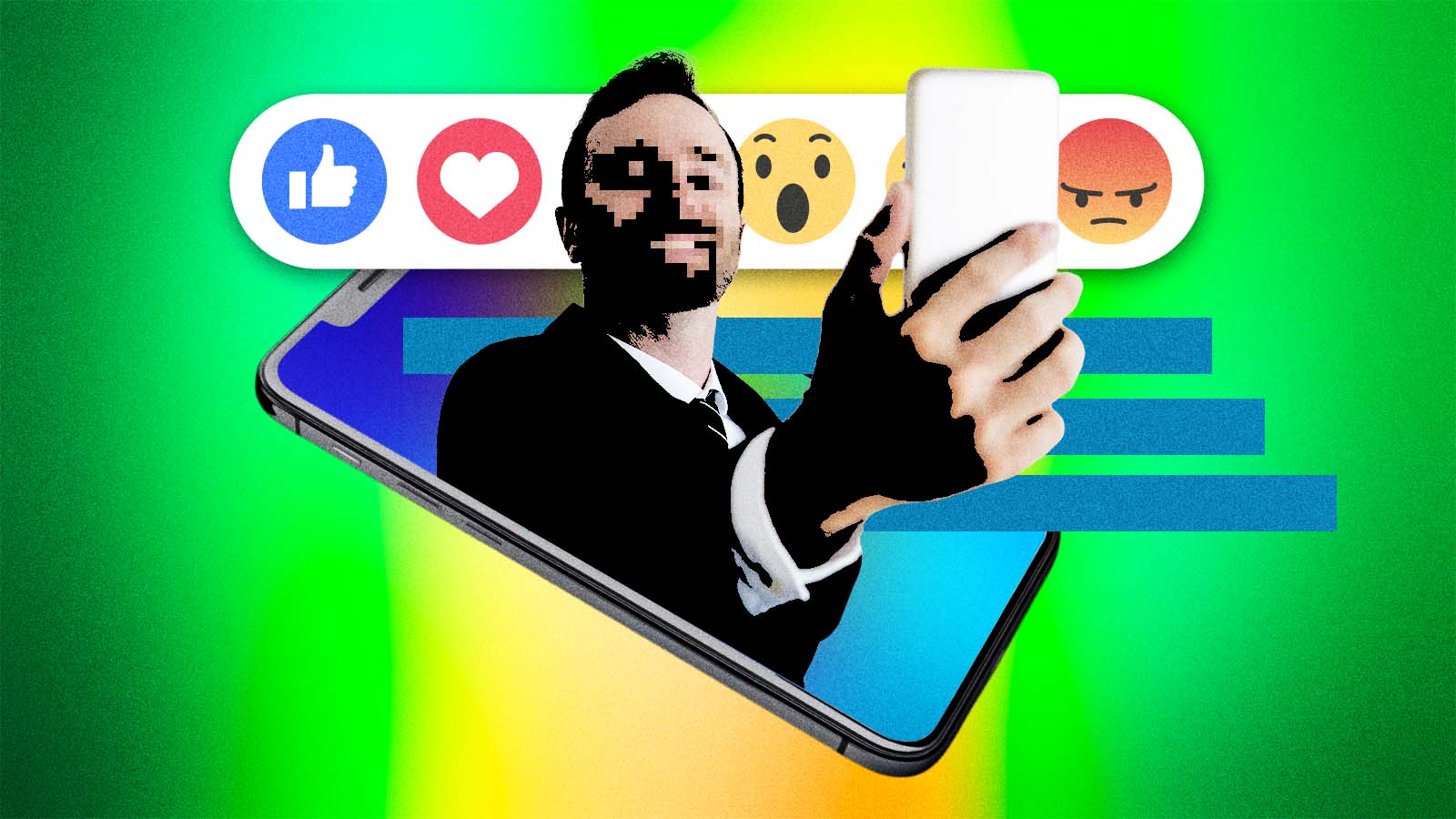 Montagem de um homem de terno com o rosto parcialmente pixelizado segurando um celular, sobre outro smartphone, com ícones de reações ao fundo.