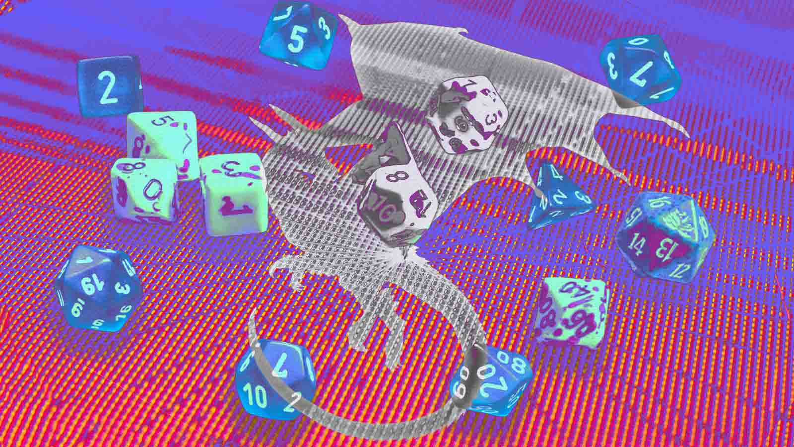 Montagem de dados de RPG coloridos ao redor da silhueta de um dragão, sobre fundo roxo com padrões digitais em vermelho e laranja.
