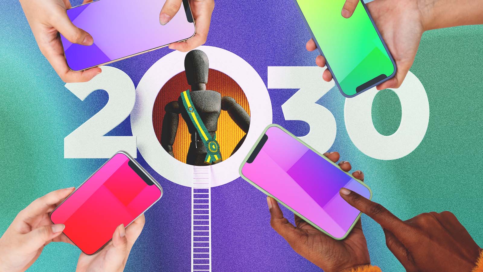 Ilustração com o número 2030, celulares coloridos e uma figura usando a faixa presidencial brasileira no centro.