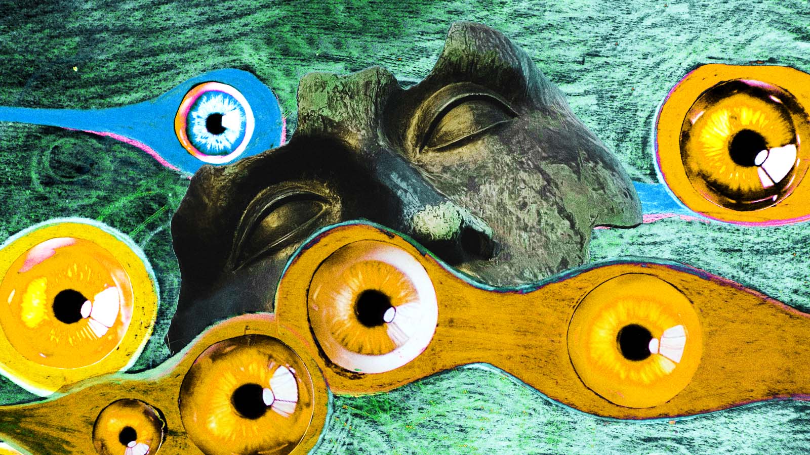 Colagem com rosto de uma escultura de olhos fechados cercado por grandes olhos ilustrados em tons de amarelo e azul sobre fundo verde.