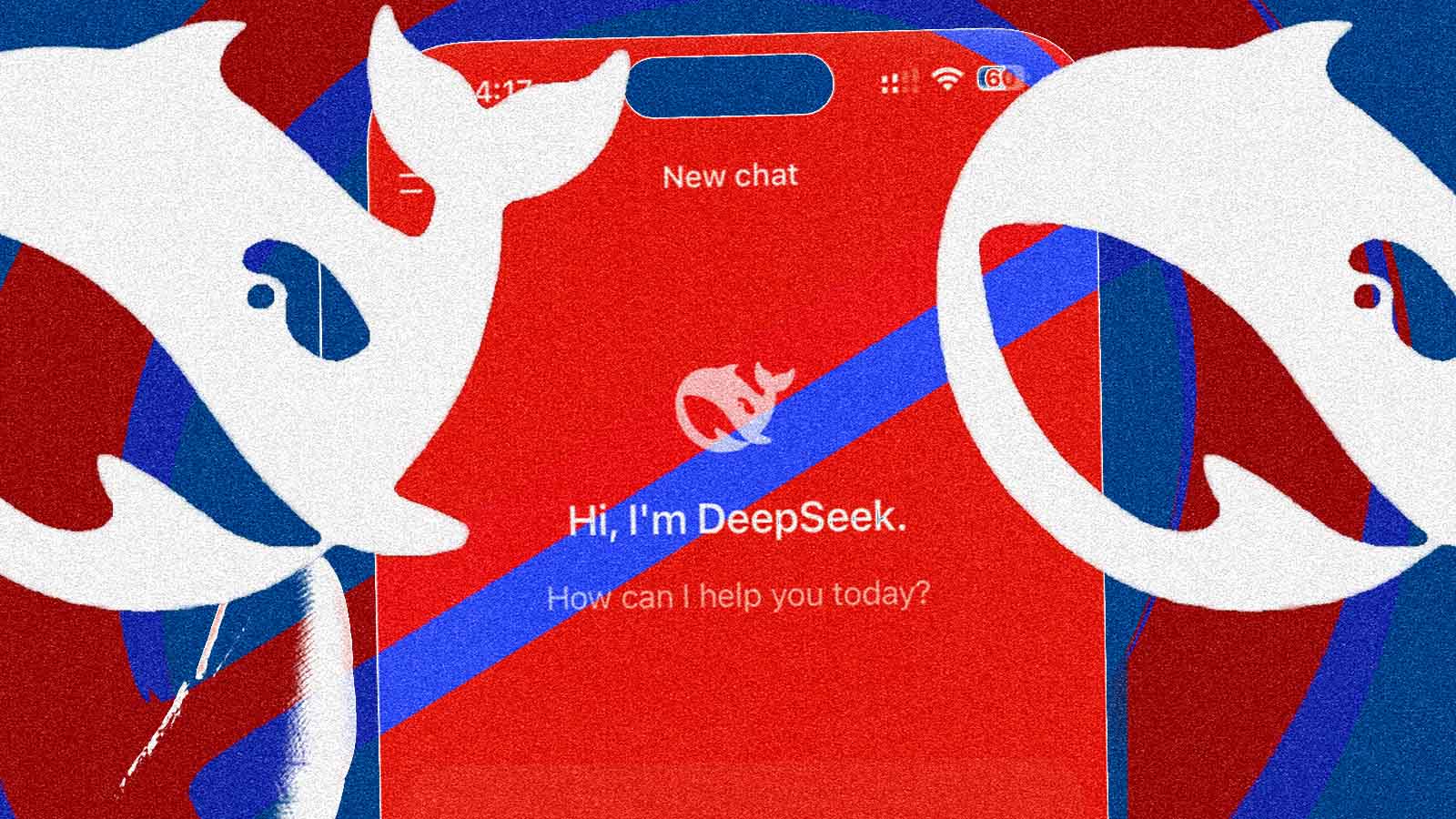 Imagem vermelha e azul que mostra o logo da chinesa DeepSeek ilustrando a matéria que fala sobre a proibição nos eua