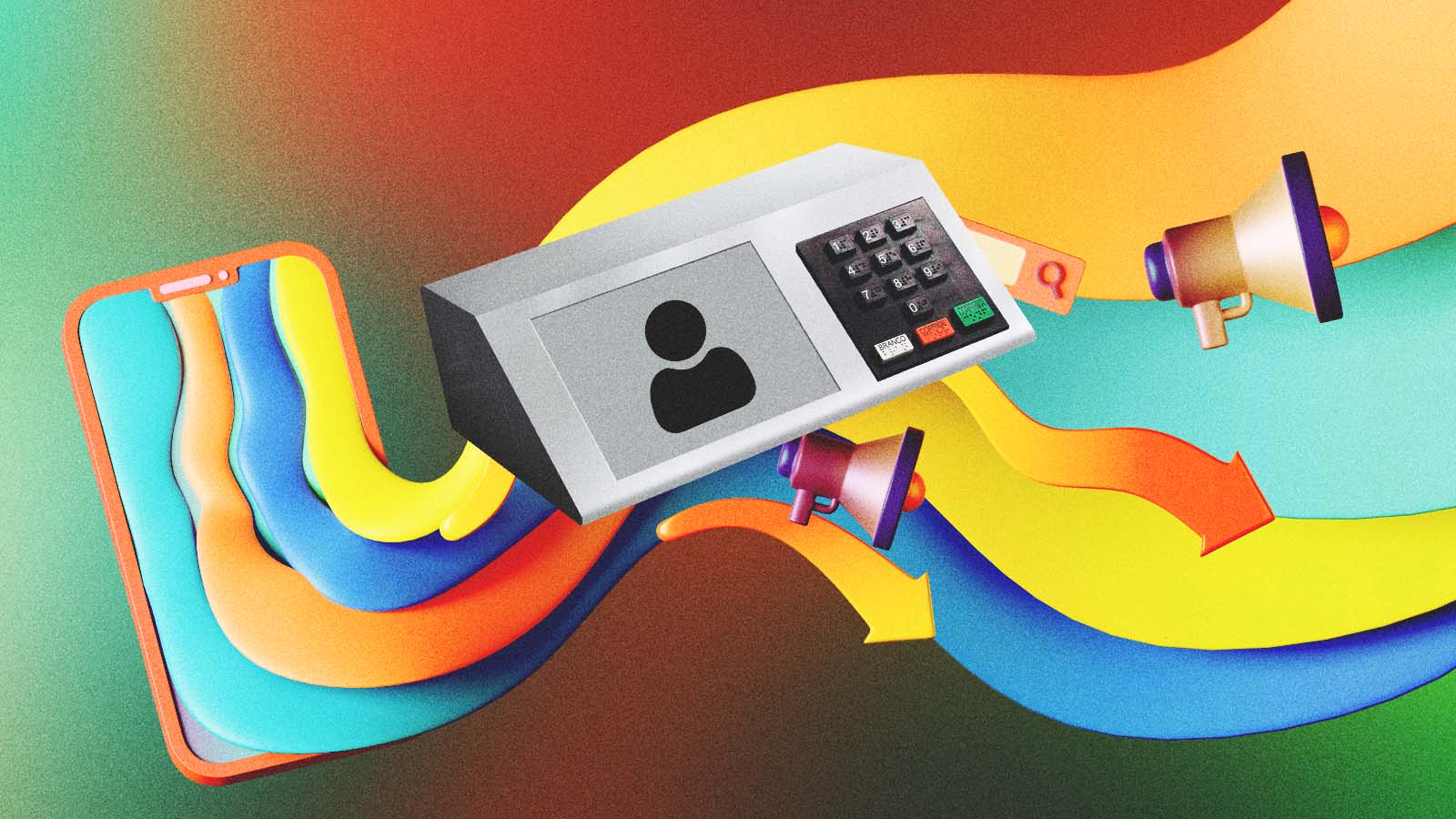 Montagem de uma urna eletrônica sobre faixas coloridas que saem de um celular, acompanhadas de setas e megafones.