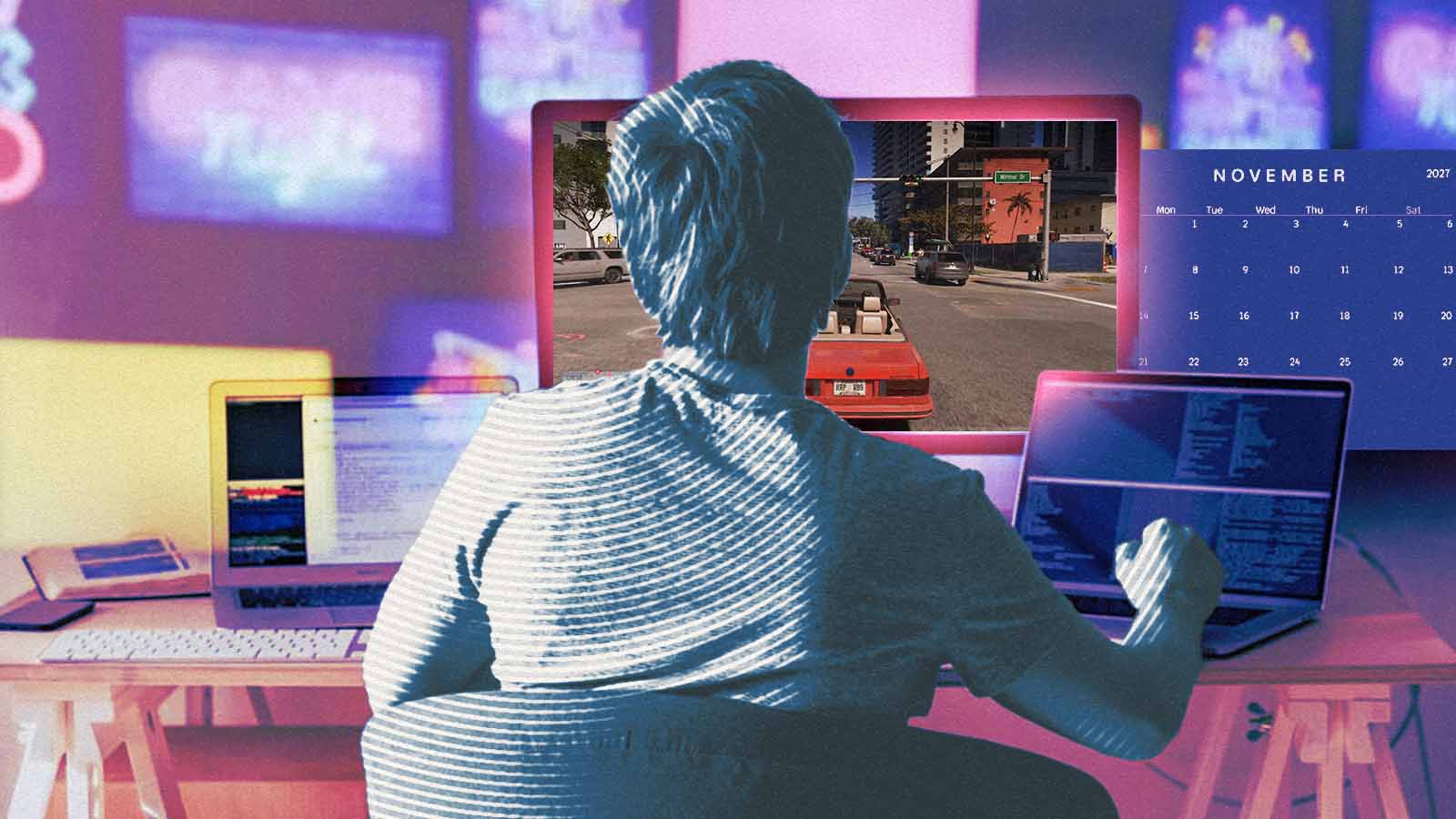 Montagem mostra um homem diante de computadores, uma cena de GTA e um calendário, ilustrando as folgas planejadas para o lançamento de GTA VI.