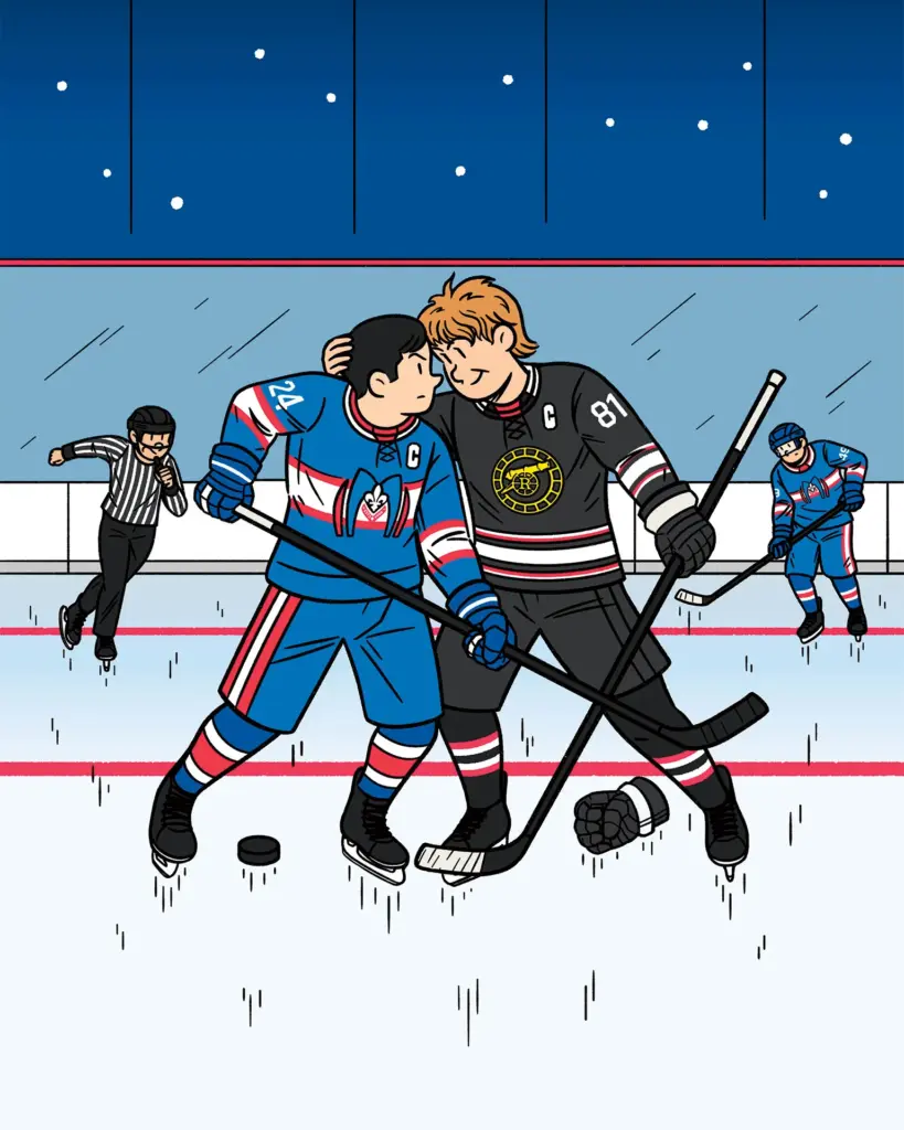 Ilustra&ccedil;&atilde;o de dois jogadores de h&oacute;quei com uniformes azul e preto aproximando os rostos sobre o gelo, com um &aacute;rbitro e outro jogador ao fundo.
