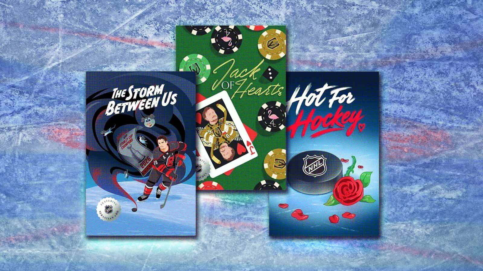 Três capas da campanha Hot for Hockey, da NHL, sobre fundo que reproduz uma pista de gelo azul.