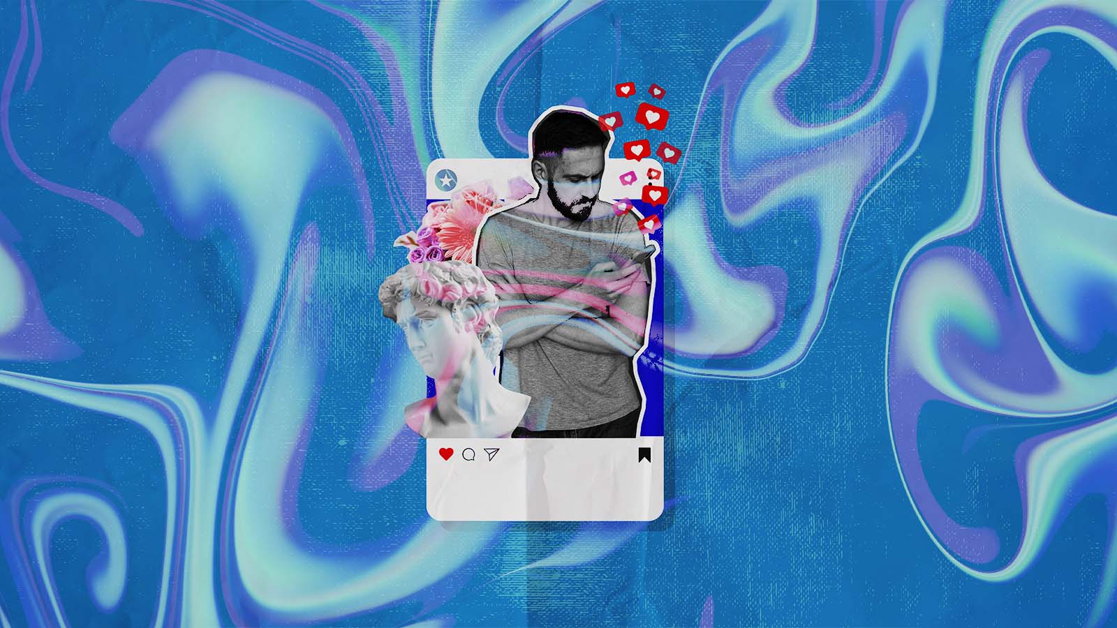 Ilustração de homem olhando para o celular, ao lado de uma escultura clássica e ícones de curtidas, sobre fundo abstrato azul e roxo.