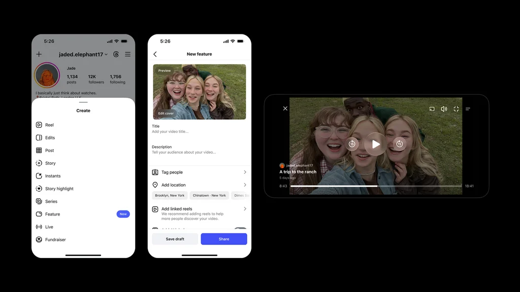 Telas do Instagram mostram a opção Features no menu de criação, o formulário de publicação e a reprodução de um vídeo horizontal.