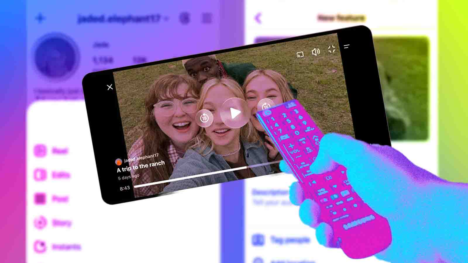 Montagem mostra vídeo horizontal do Instagram Features e uma mão segurando um controle remoto.