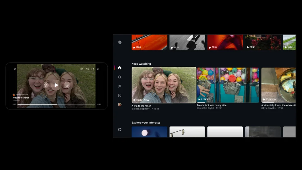 Demonstração do Instagram Features apresenta um vídeo horizontal no celular e uma interface para televisão com recomendações de conteúdos.