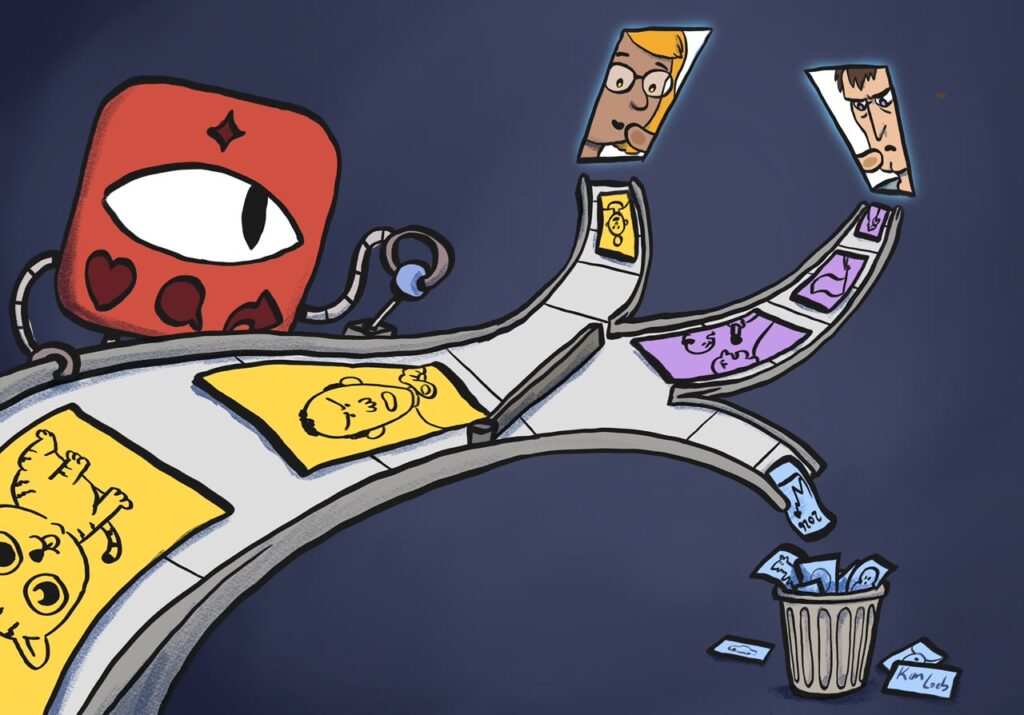 Ilustra&ccedil;&atilde;o mostra um personagem vermelho controlando uma esteira que separa imagens de pessoas e descarta algumas em uma lixeira.