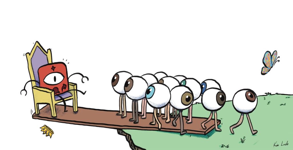 Ilustra&ccedil;&atilde;o de um personagem vermelho com um olho sentado em um trono enquanto v&aacute;rios olhos com pernas caminham em fila.
