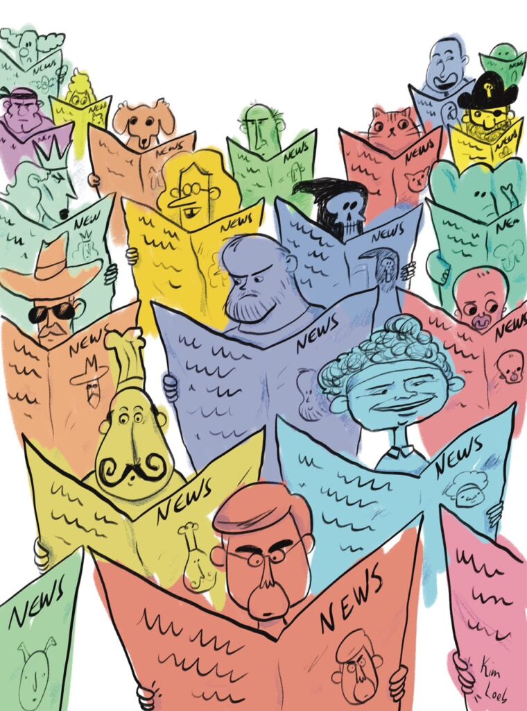 Ilustra&ccedil;&atilde;o colorida de pessoas e personagens diferentes lendo jornais com a palavra News