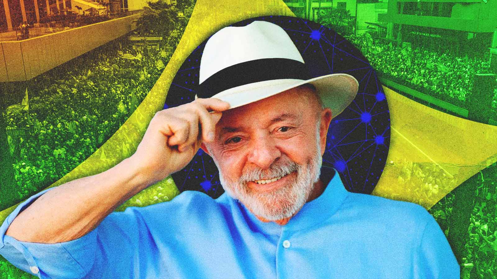 Montagem de Lula com chapéu branco e camisa azul, diante da bandeira do Brasil, uma multidão e elementos gráficos de conexões digitais.