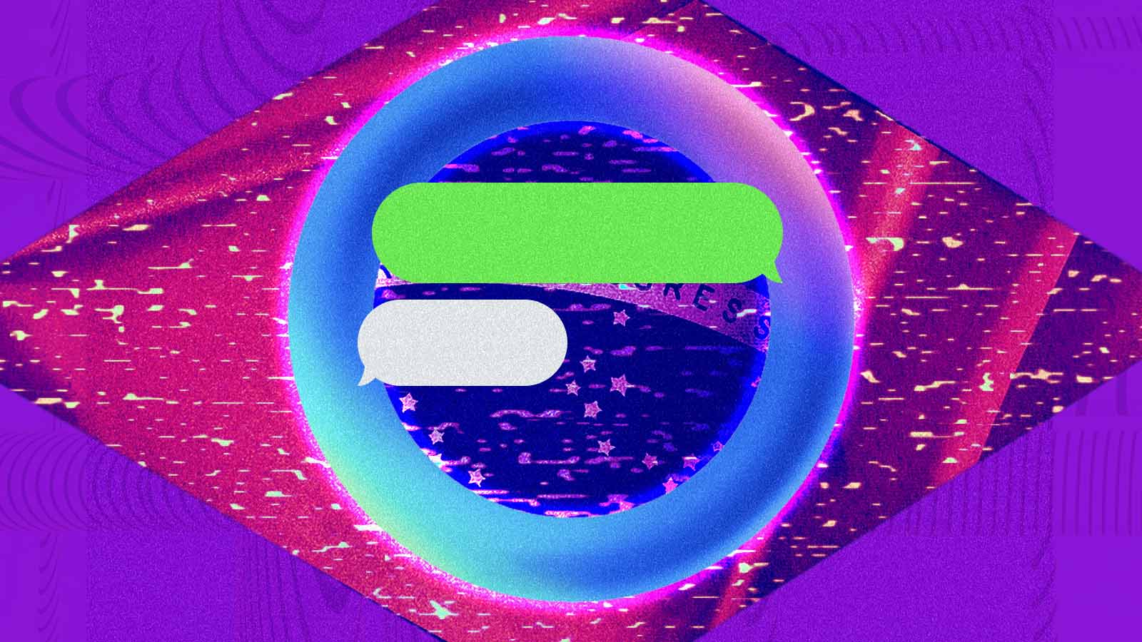 Montagem com o símbolo circular da Meta AI e balões de conversa sobre uma bandeira do Brasil em tons de roxo e rosa, com efeito de interferência digital.