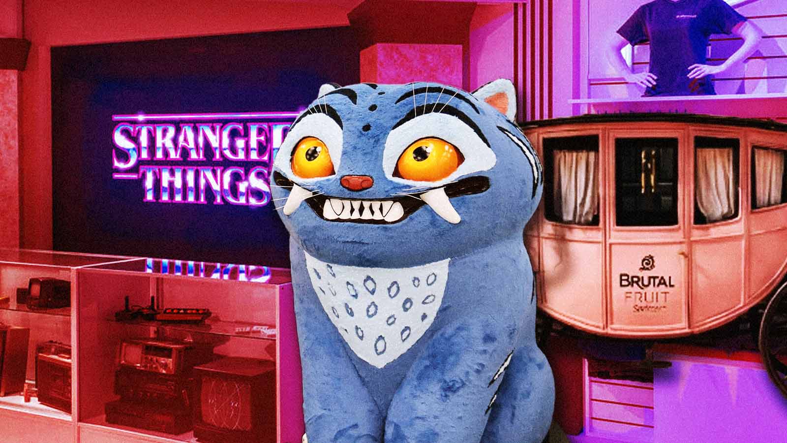 Colagem com pelúcia de tigre azul de “Guerreiras do K-Pop”, letreiro de “Stranger Things” e carruagem com a marca Brutal Fruit.