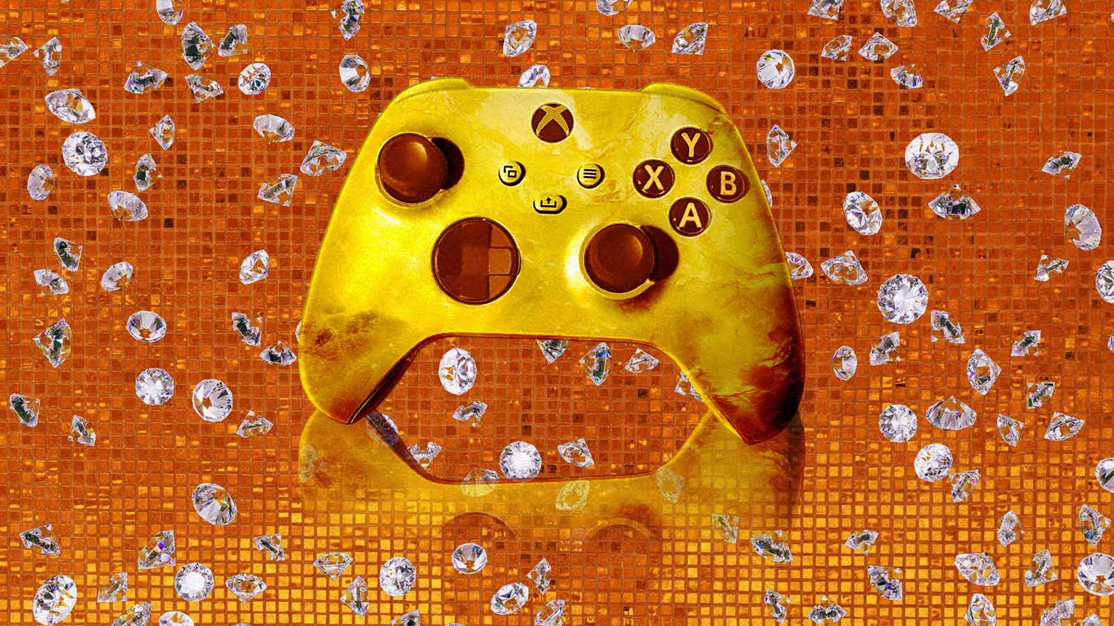 Montagem de um controle de Xbox dourado cercado por diamantes sobre um fundo laranja.