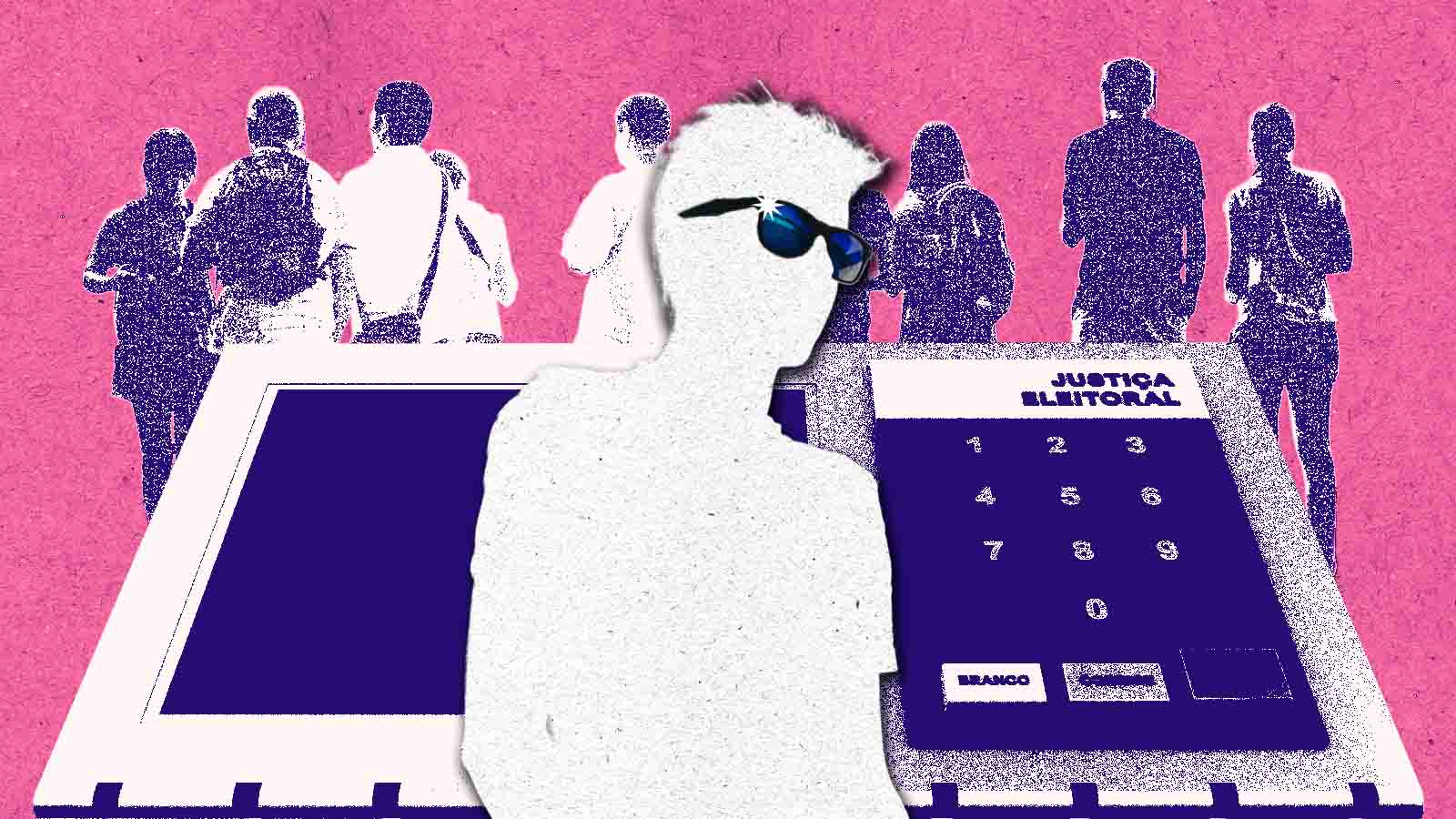 Montagem de uma pessoa usando óculos diante de uma urna eletrônica, com silhuetas de eleitores ao fundo sobre uma superfície rosa.