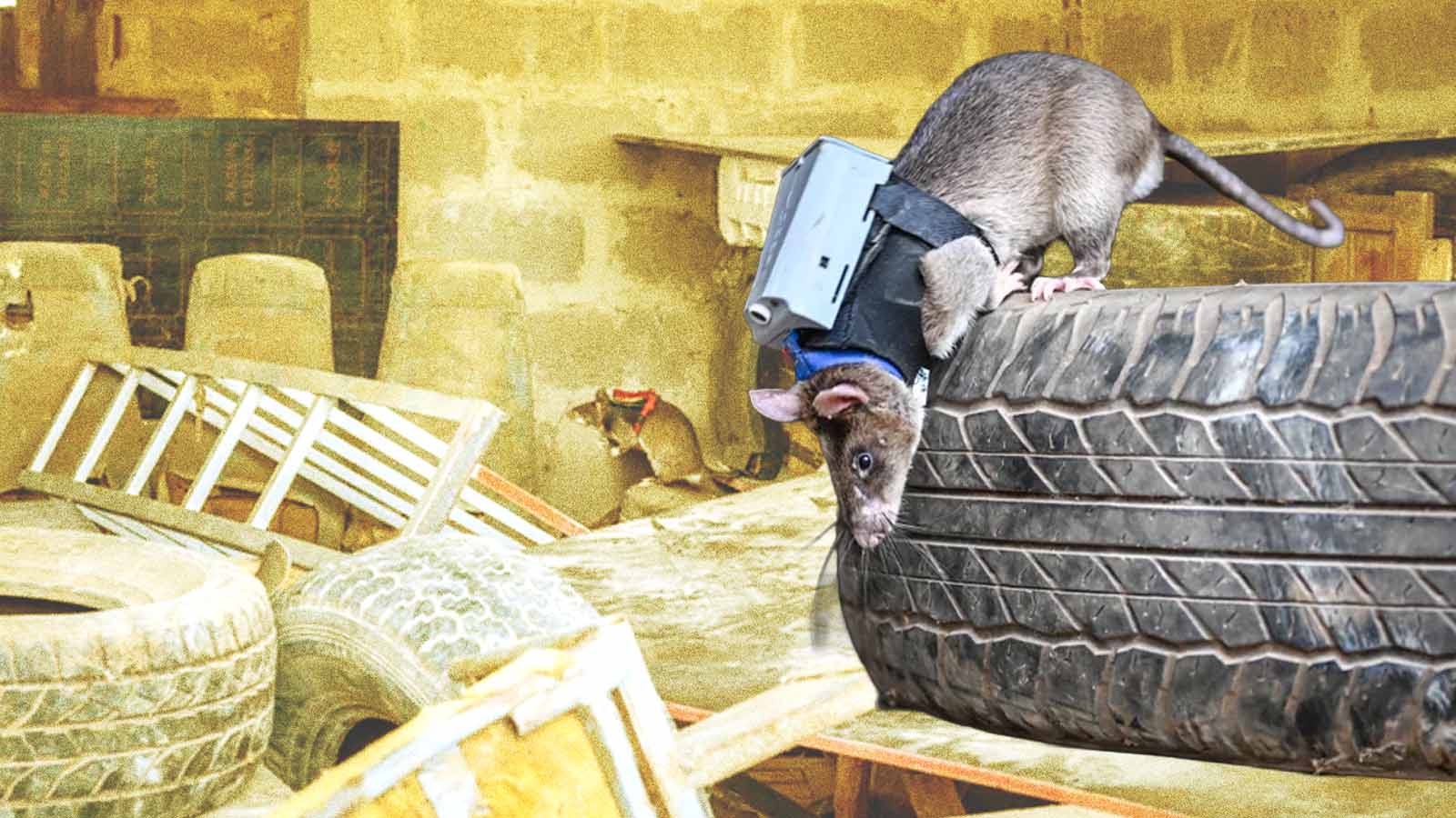 Rato africano com mochila tecnológica atravessa uma pilha de pneus durante treinamento para operações de resgate.