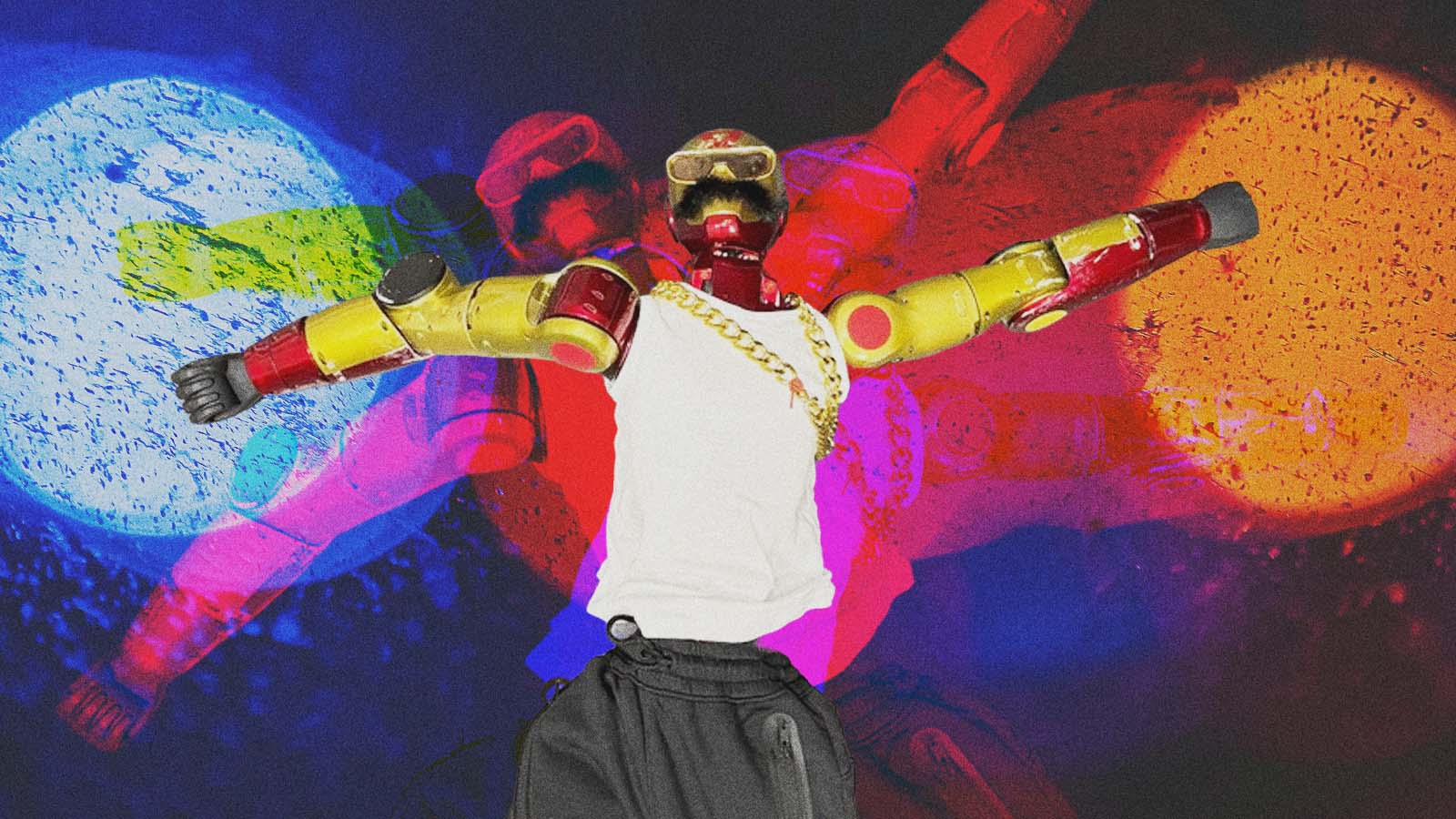 Montagem com robô humanoide vermelho e dourado, de braços abertos, usando camiseta branca, óculos e corrente dourada, sobre fundo colorido. Copiar