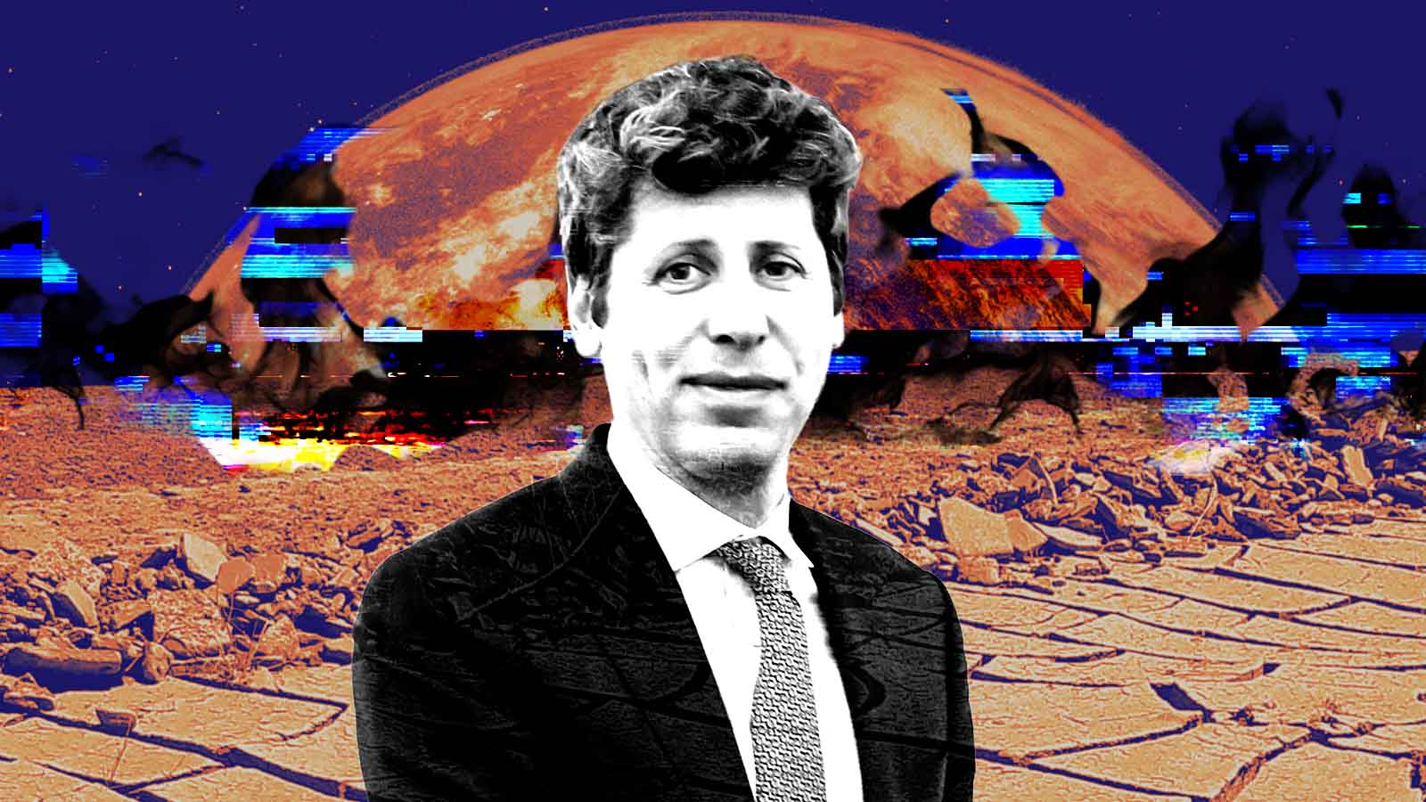 Montagem de Sam Altman em preto e branco diante de uma paisagem alaranjada com solo rachado, silhuetas escuras e efeitos de falha digital.