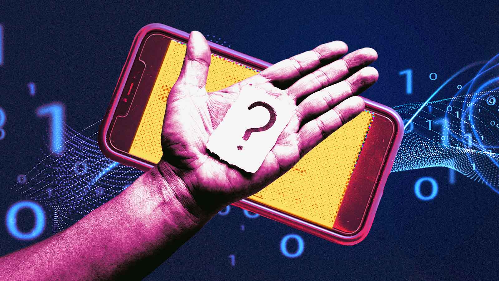 Montagem de uma mão segurando um papel com ponto de interrogação, diante de um celular e de números binários.