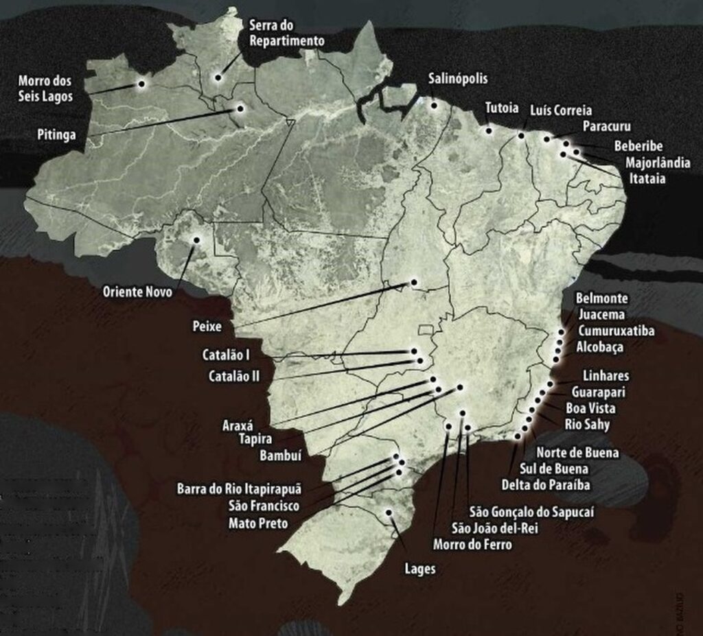 mapa mostra os locais onde h&aacute; reservas de  terras raras no Brasil