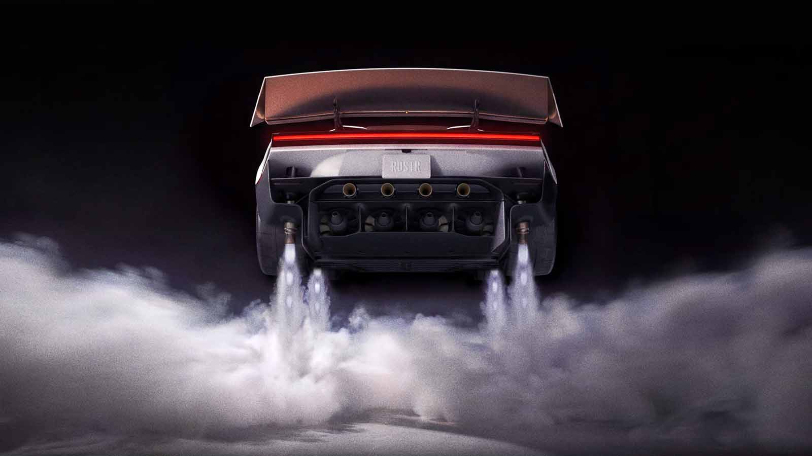 Vista traseira do Tesla Roadster com propulsores liberando jatos de gás em direção ao chão, formando uma nuvem branca sobre fundo escuro.