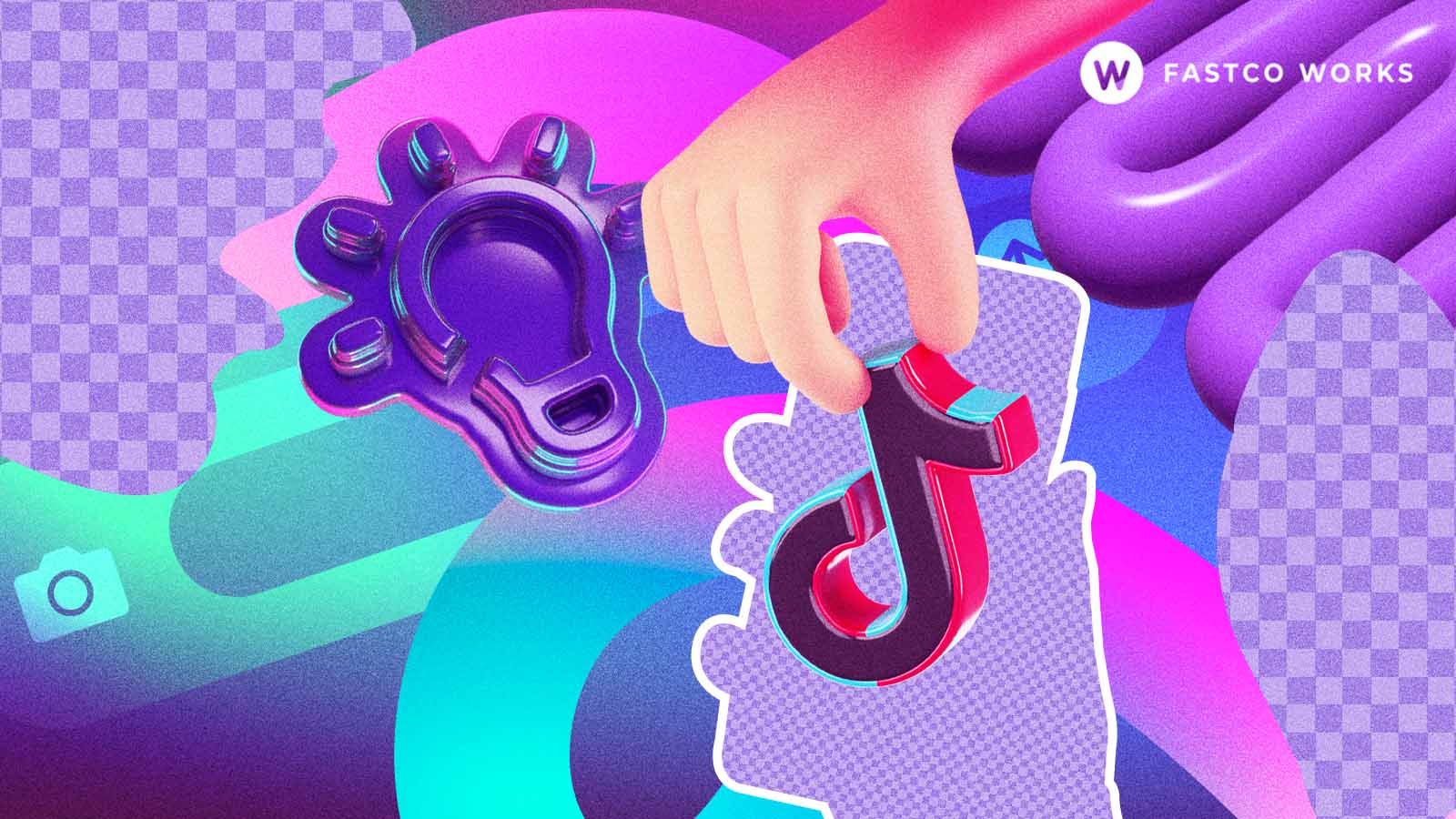 Ilustração colorida com o logotipo do TikTok, elementos tridimensionais em tons de roxo, rosa e azul e a marca FastCo Works.